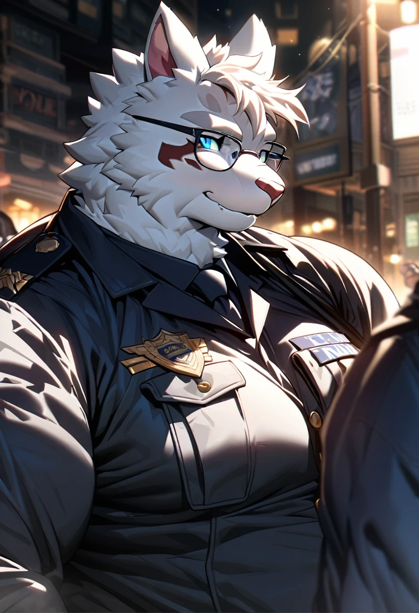 highres, paid reward available, unparalleled masterpiece, street(highly detailed beautiful face and eyes)absurdres, perfect anatomy, good lighting, volumetric lighting, cinematic shadow(angelic handsome 1boy, kemono, solo focus, single, muscle man, beard, dignified, Laugh wildly, glasses)(furry anthro:1.7)(Furry body, dog facial features, dog body features)(very detailed body fur)dynamic pose, ((police officer, black police uniform))muscle, facial hair, shirt,