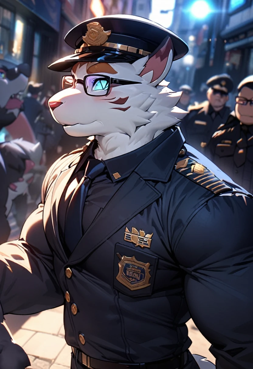 highres, paid reward available, unparalleled masterpiece, street(highly detailed beautiful face and eyes)absurdres, perfect anatomy, good lighting, volumetric lighting, cinematic shadow(angelic handsome 1boy, kemono, solo focus, single, muscle man, beard, dignified, Laugh wildly, glasses)(furry anthro:1.7)(Furry body, dog facial features, dog body features)(very detailed body fur)dynamic pose, ((police officer, black police uniform))muscle, facial hair, shirt,