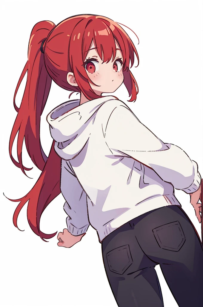 1 person, Red Hair, ponytail, red eyes, white hoodie, black pants, white background