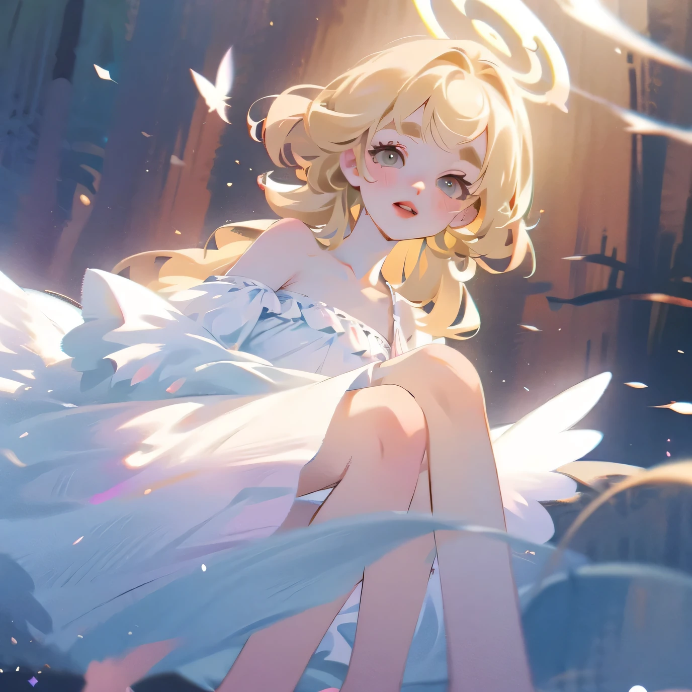 (High quality) (best quality) (A woman) (correct physiognomy) (best quality, 4k, 8K, high resolution, masterpiece: 1.2) woman, Extremely beautiful, Around 20 years old, long blonde hair with bangs on the back front, four small angel wings emerge from her head, two on the left side and two on the right side, two angel wings coming out of her back, a golden halo behind her head, golden eyes, sensitive lips, middle age, white dress with straps on the shoulders, skirt cut diagonally leaving one leg exposed, soft facial features, fine eyebrows, soft skin, slightly rosy cheeks, pink lips, silky eyelashes, dreamy expression, photo location the woman must be in a pond with water and fish in the middle of the forest, photo illuminated by sunlight, full body proportion, showing in the photo the body from head to torso