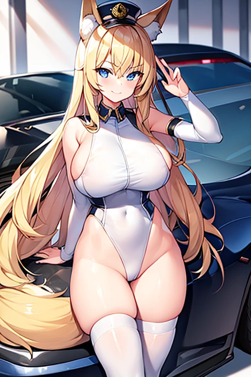 1girl, blonde hair, long hair, huge breasts, thick thighs, wide hips, blue eyes, smile, smirk, smug, leotard, white leotard, police uniform, white clothes, bare legs, policewoman, police hat, fox ears, fox tail, mature female, toned, hourglass figure, black thighhighs, thighhighs, car, sports car,