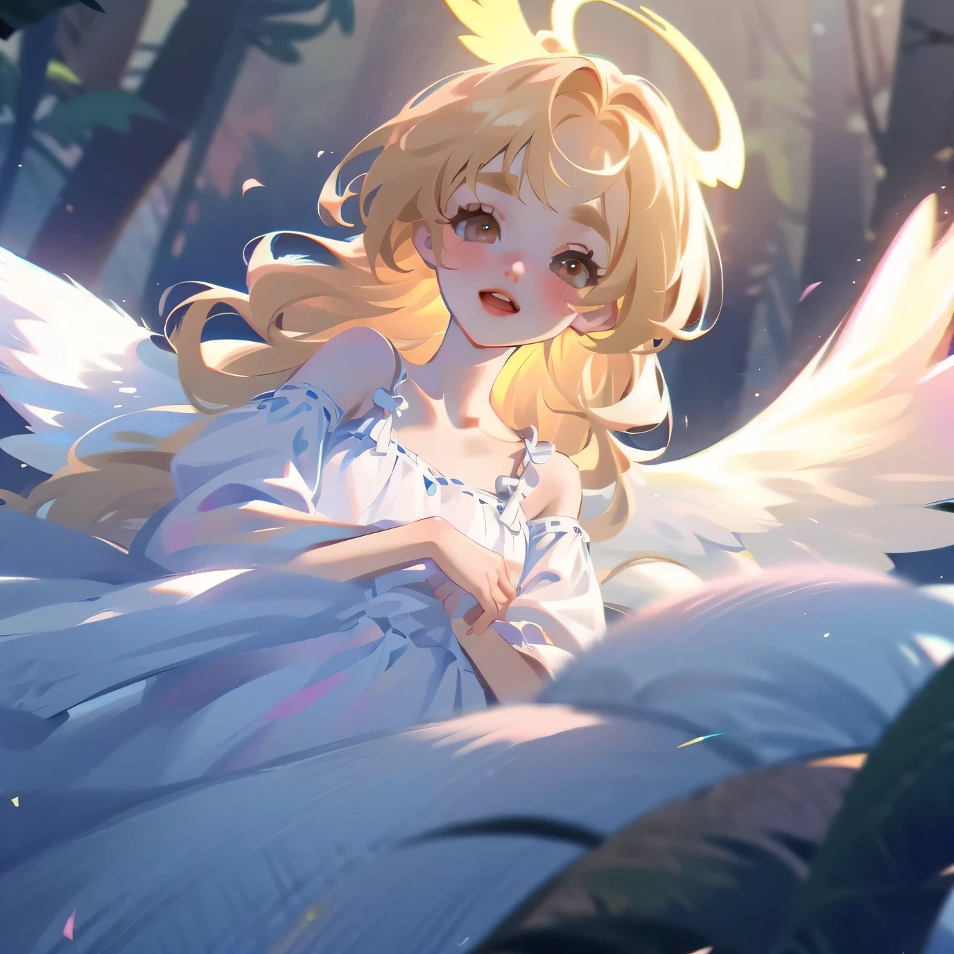 (High quality) (best quality) (A woman) (correct physiognomy) (best quality, 4k, 8K, high resolution, masterpiece: 1.2) woman, Extremely beautiful, Around 20 years old, long blonde hair with bangs on the back front, four small angel wings emerge from her head, two on the left side and two on the right side, two angel wings coming out of her back, a golden halo behind her head, golden eyes, sensitive lips, middle age, white dress with straps on the shoulders, skirt cut diagonally leaving one leg exposed, soft facial features, fine eyebrows, soft skin, slightly rosy cheeks, pink lips, silky eyelashes, dreamy expression, photo location the woman must be in a pond with water and fish in the middle of the forest, photo illuminated by sunlight, full body proportion, showing in the photo the body from head to torso