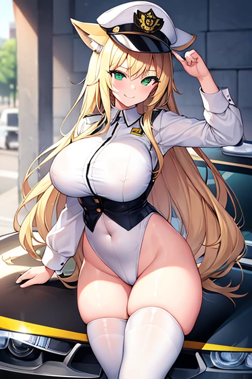 1girl, blonde hair, long hair, huge breasts, thick thighs, green eyes, smile, smirk, smug, leotard, white leotard, police uniform, white clothes, bare legs, policewoman, police hat, fox ears, fox tail, mature female, toned, hourglass figure, black thighhighs, thighhighs, car, sports car,