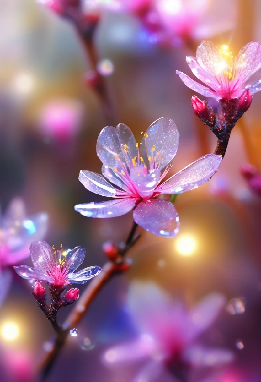 crystal spring blossom,
fantasy, galaxy, transparent, 
shimmering, sparkling, splendid, colorful, 
magical photography, dramatic lighting, photo realism, ultra-detailed, 4k, Depth of field, High-resolution