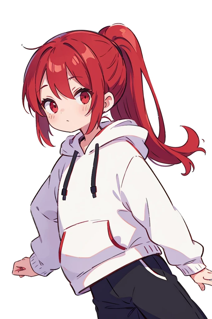 1 person, Red Hair, ponytail, red eyes, white hoodie, black pants, white background