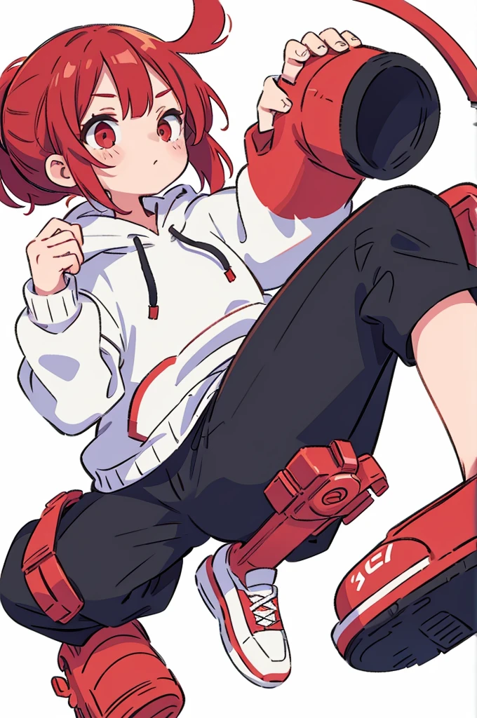 1 person, Red Hair, ponytail, red eyes, white hoodie, black pants, white background