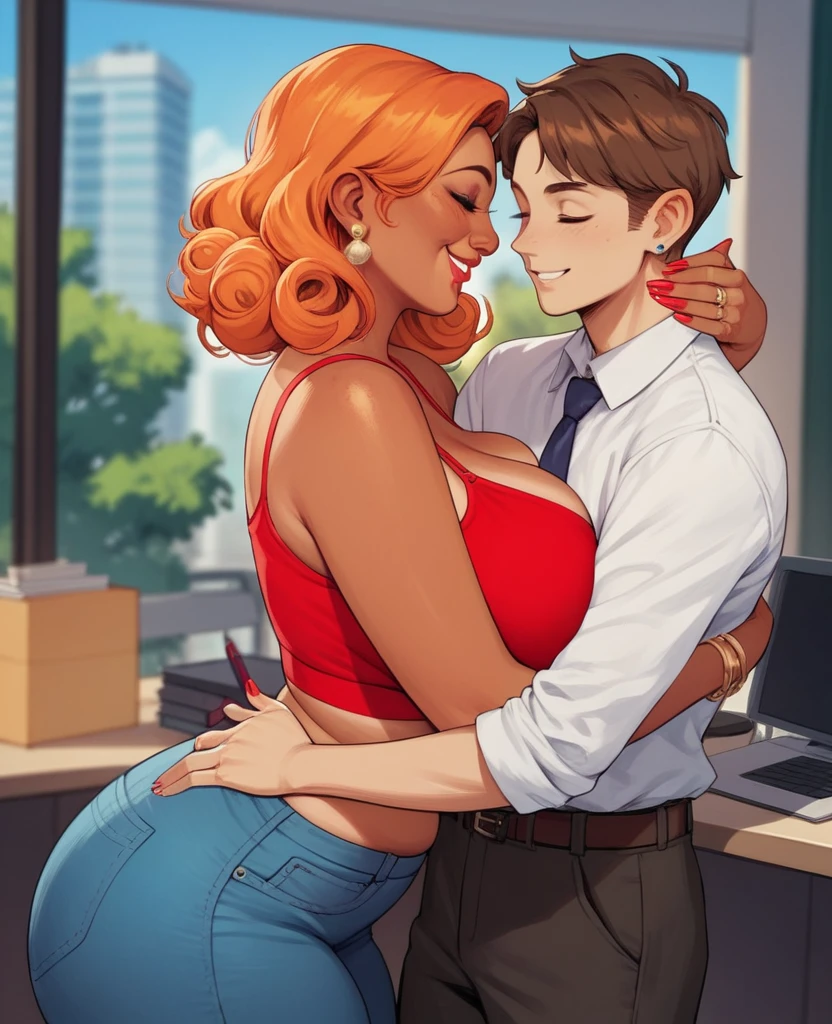 1boy, boy( tall tanned boy wearing a crop top and shorts with elbow length curly Orange hair hugging a woman), 1girl, woman(mature woman with office clothes curvy with Big breasts, smiling)