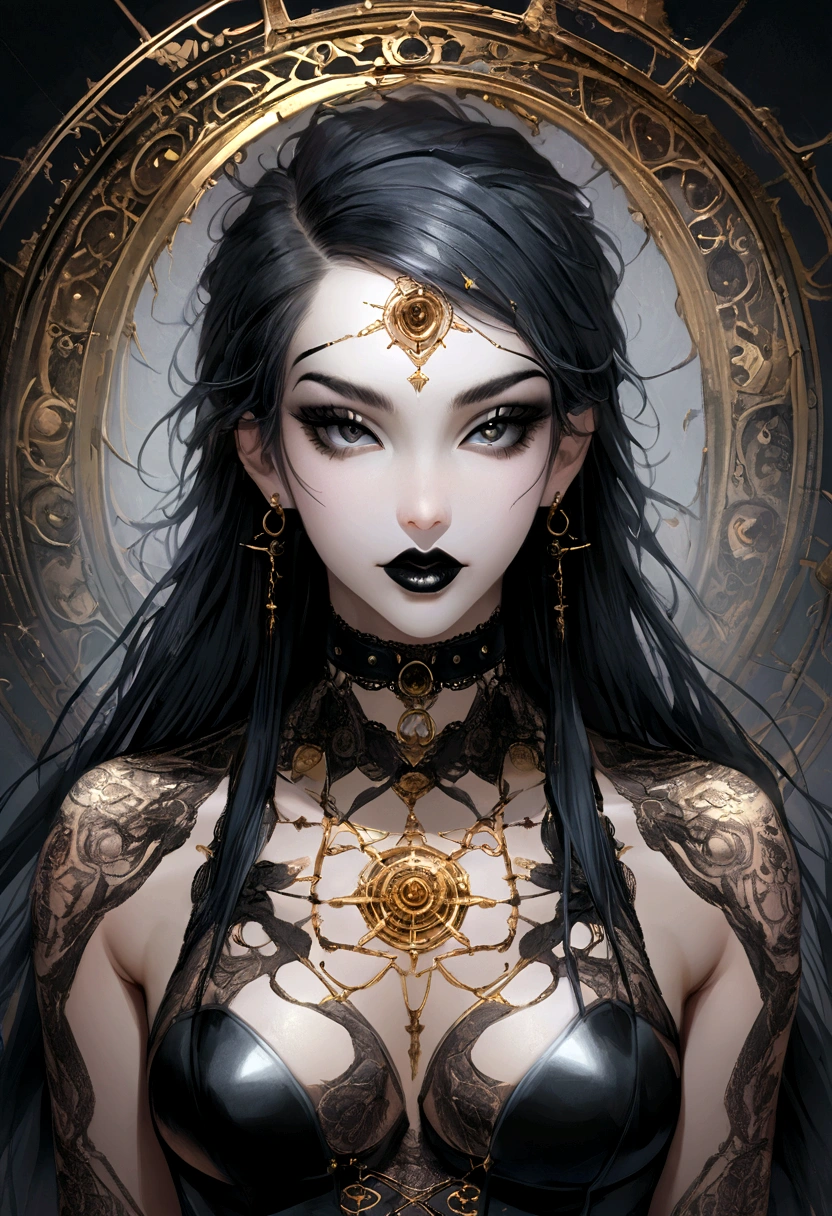 Create a photo realistic hyper realistic heavily tattooed goth girl, perfect face, thin curved black eyebrows, long luscious eyelashes, black eyeliner, black eye shadow,curved lips, thick black lipstick, half shaved long luscious black hair, black lace choker collar, golden ratio body, black corset, black thong,