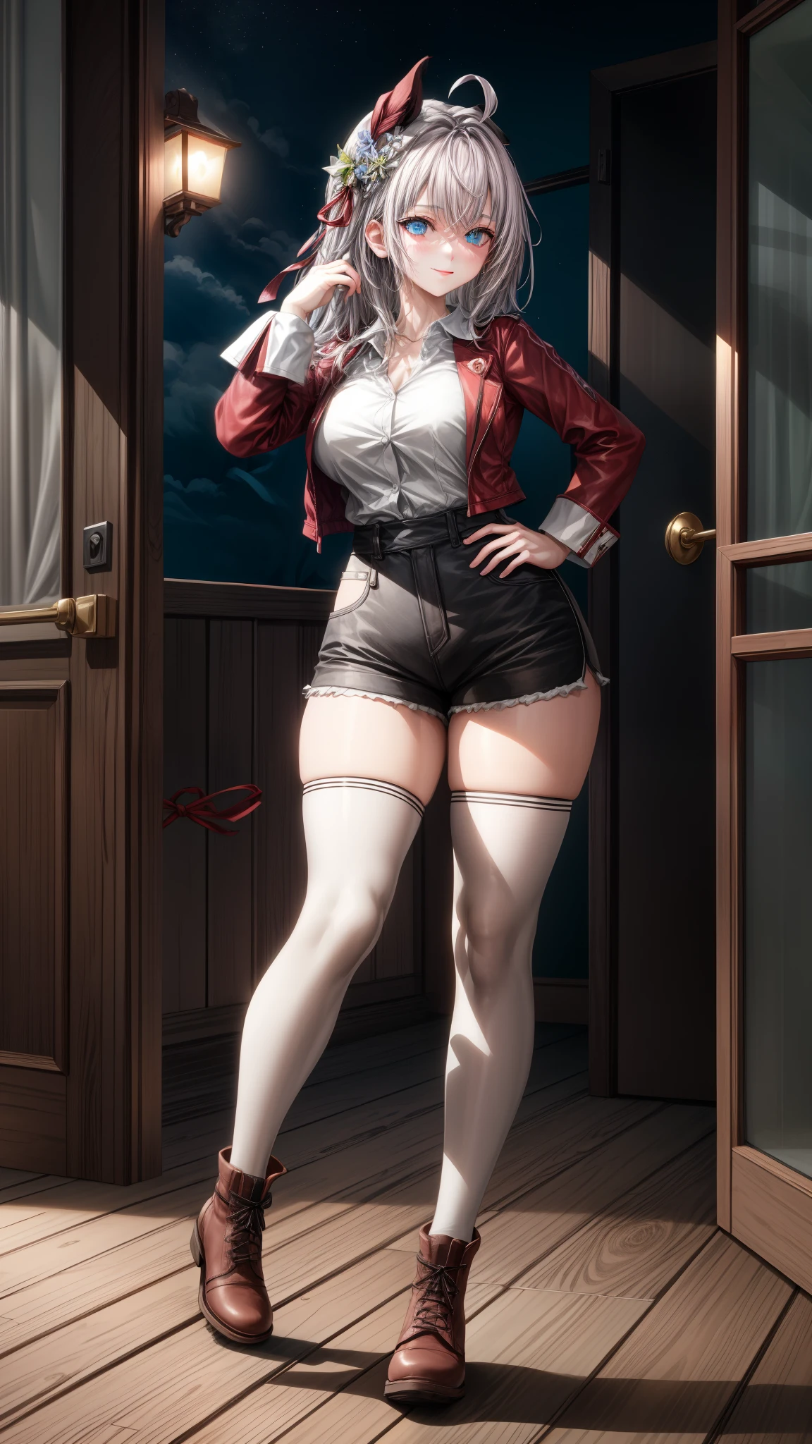 Alisa Kujou,
(Day:1.7), 1 girl standing at attention, ,hembra joven,hermoso Finger, hermoso long legs ,hermoso body ,hermoso Nose ,hermoso character design, ojos perfectos, perfect rostro,
There is an anime girl in shorts walking through an open door., 1 chica, muslos, solo, (falda muy corta:1.4), blue eyes, senos, chaqueta, camisa school, medias largas , falda , white camisa, arco, mano en la cadera, rubor, black muslos, arcotie, adentro, calzado marron, zettai ryouiki, mocasines, zapatos, large senos, cuerpo completo, mirando al espectador, boca abierta, thighs,
mirando al espectador, sonrisa, saludando al espectador, en el centro de la imagen, Fondo de pantalla CG unity 8k extremadamente detallado, Perfect lighting,vistoso, Brillante_frente_rostro_Lightinasterpiece:1.0),(mejor_calidad:1.0), ultra high resolution,4k,ultra detallado,
Photography, 8k, hdr, high resolution, absurdos:1.2, codas portra 400, film grain, fondo borroso, bokeh:1.2, Destello de lente, (vibrante_color:1.2)
, (hermoso_rostro:1.5),(angosto_cintura), (hermoso,Enorme_senos:1.3)