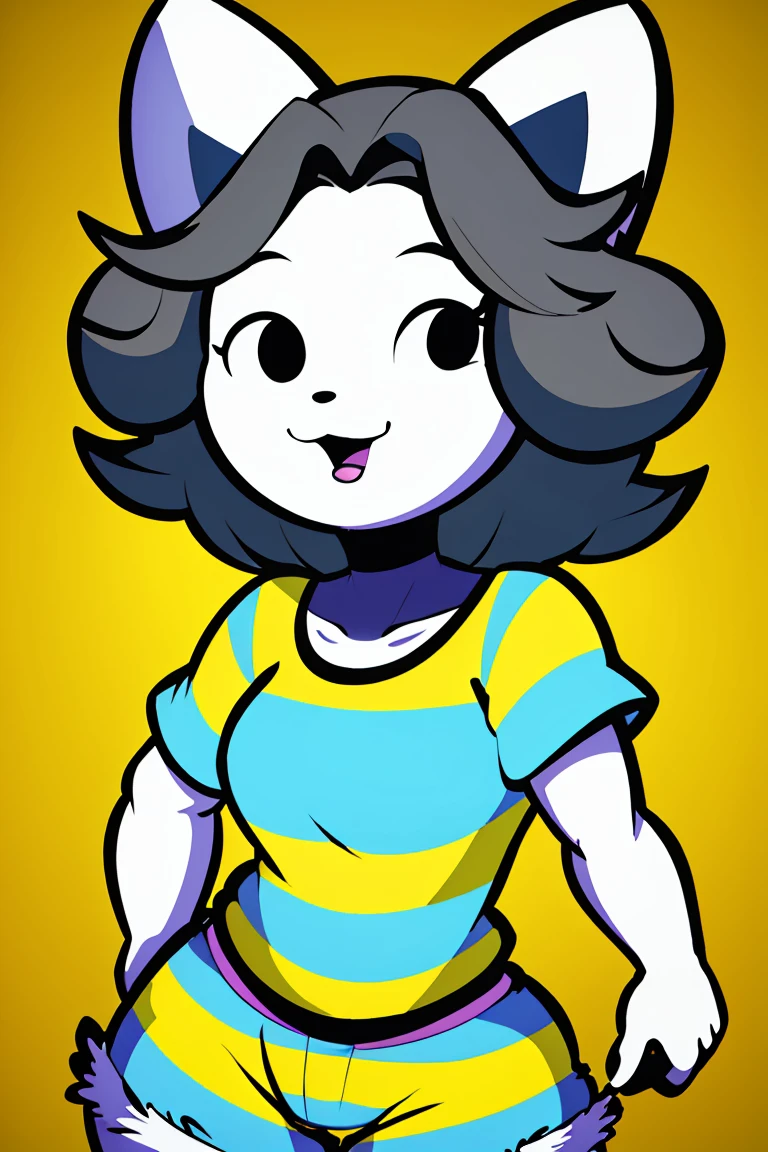 cute temmie face, temmie character, stripped shirt, colorful, cartoon style, palid skin, blank color skin, Jean shorts, black dot eyes, detailed facial features, big eyes, playful expression, bright colors, whimsical, vibrant, dynamic pose, detailed texture, digital painting, 4k, highres, masterpiece, ultra-detailed, realistic
