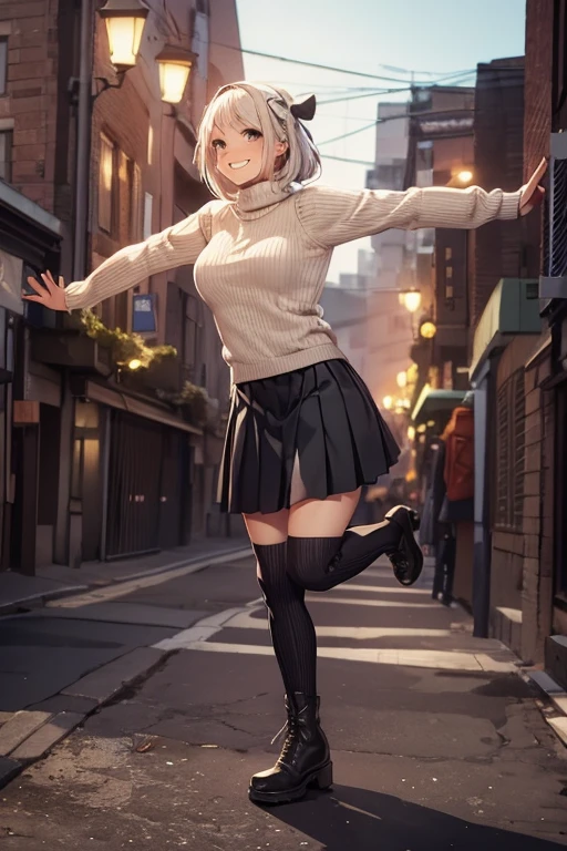 Medium breast,sweater,Pleated skirt,Knee-high socks, boots,smile