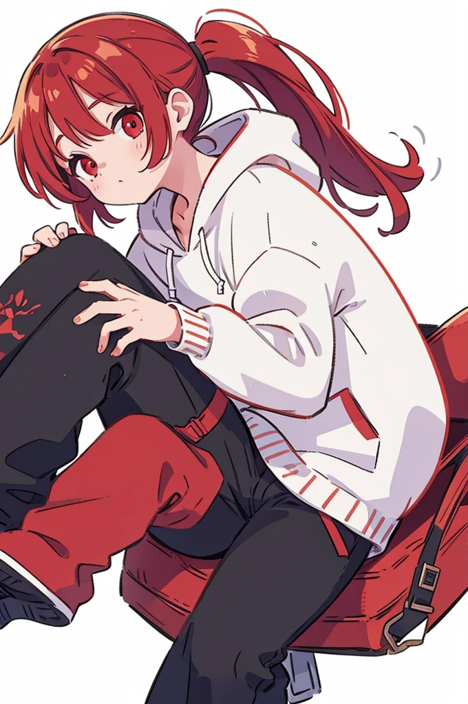 1 person, Red Hair, ponytail, red eyes, white hoodie, black pants, white background