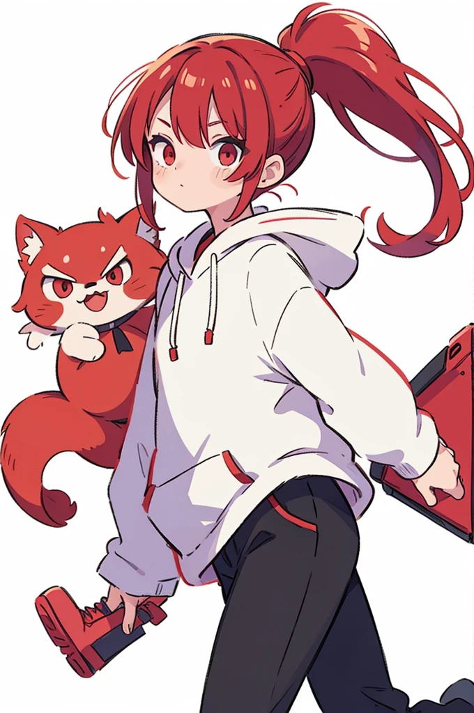 1 person, Adult, Red Hair, ponytail, red eyes, white hoodie, black pants, white background