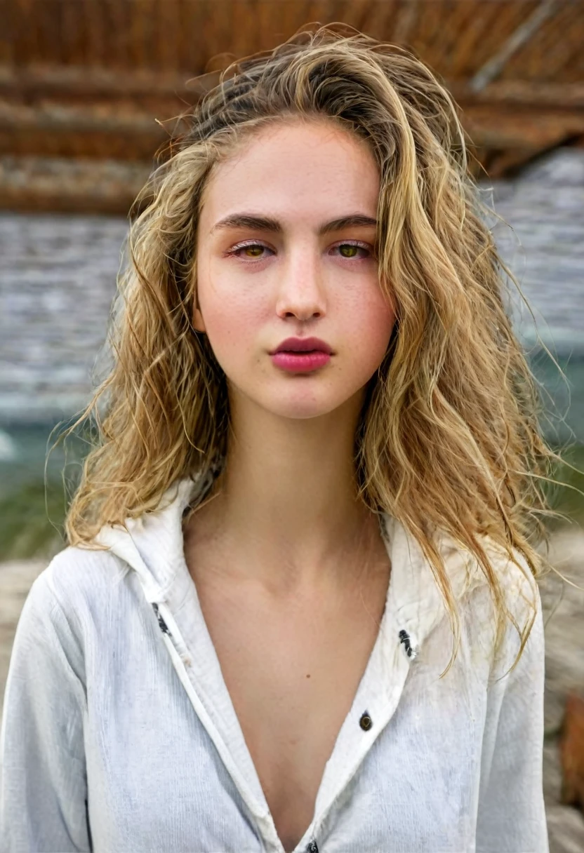 gorgeous young white woman,21 y.o, sweet face,yellow eyes,downturned eyes,heart shaped lips,straight eyebrows,raised nose,round face,((long shot)) Blonde influencer with natural wavy long hair,Kombiniere klassische Streetwear-Elemente wie Sneaker, Hoodies or jeans with high-quality accessories such as a designer handbag or a luxury watch, um einen modernen und dennoch edlen Look zu kreieren, extravagant , 8k, extremely detailed, Fotorealistisch, komplizierte Details, realistische Hauttextur, realistische Haare, Textur, Cheerful, 8k uhd, Best quality, high resolution, Detailgenauigkeit, very big breasts, long shot, weitwinkel, Ukrainian Woman by the Sea , Dynamic Prompts for Dress Type ,Hair color and Dress Color