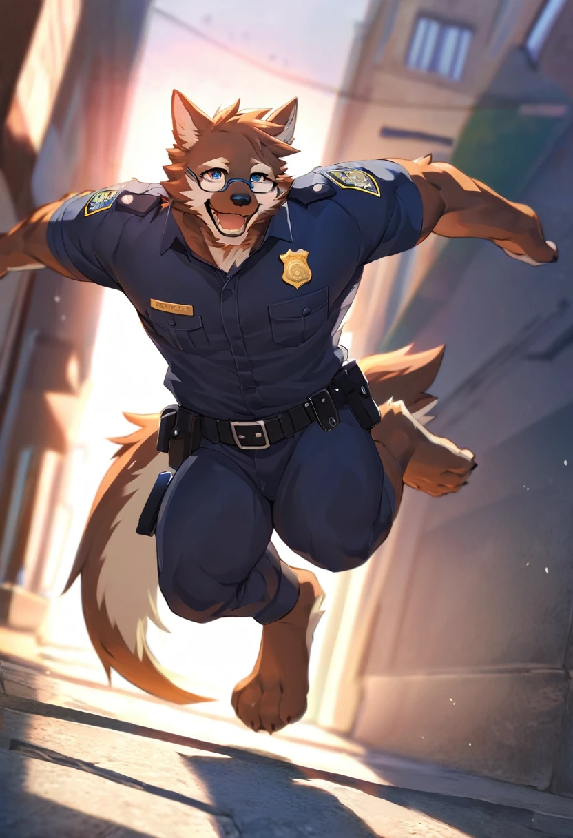 highres, paid reward available, unparalleled masterpiece, street(highly detailed beautiful face and eyes)absurdres, perfect anatomy, good lighting, volumetric lighting, cinematic shadow(angelic handsome 1boy, kemono, solo focus, single, muscle man, beard, dignified, Laugh wildly, glasses)(furry anthro:1.7)(Furry body, dog facial features, dog body features)(very detailed body fur)dynamic pose, ((police officer, black police uniform))muscle, facial hair, shirt,