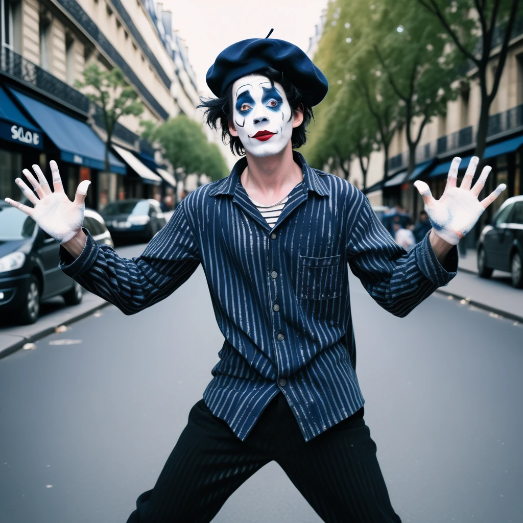adult tall male mime, shirt grunge, sketchy lines, messy hair, black hair, wearing a beret,,happy, has mime makeup on, wearing a mime outfit, dark blue eyes, performing on the streets of paris, showing full body, on a city street, solo, alone, (SOLO)(ALONE) Dancing, arms out, hands open