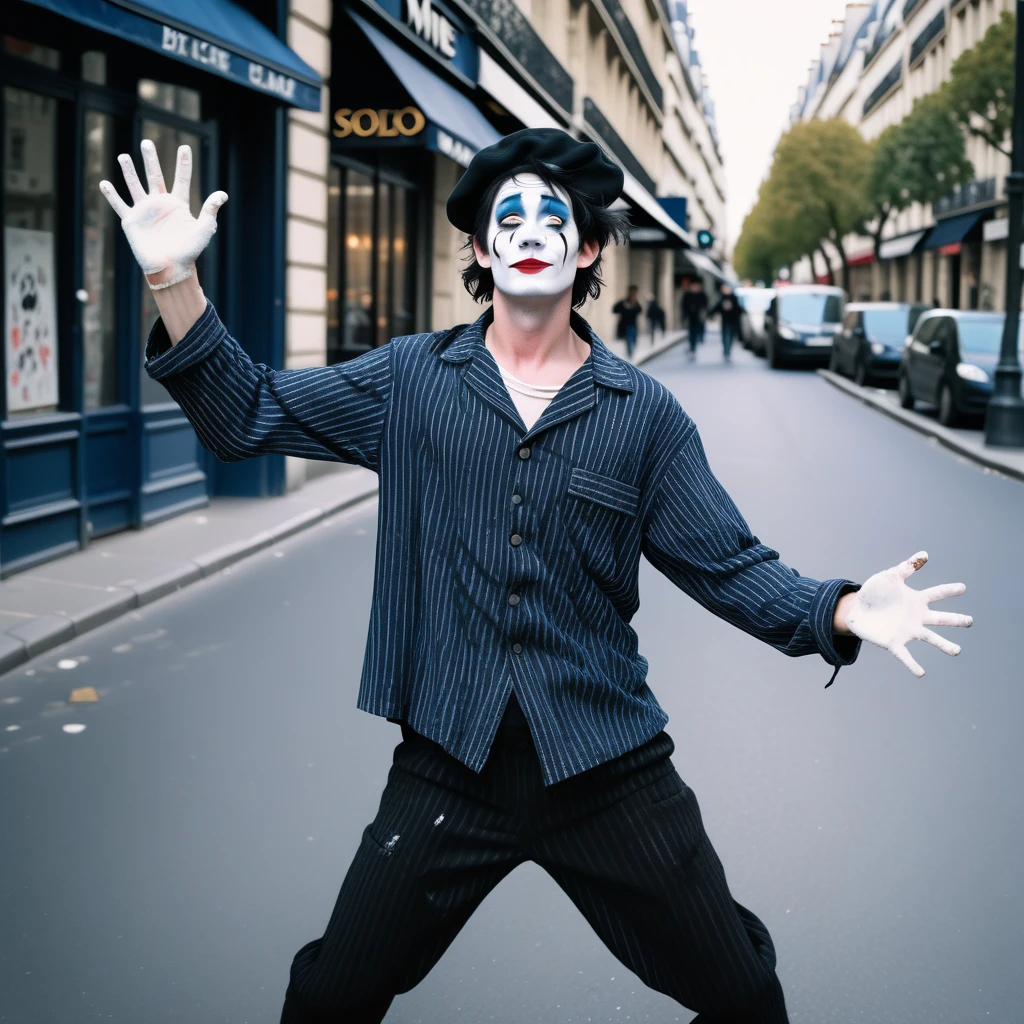 adult tall male mime, shirt grunge, sketchy lines, messy hair, black hair, wearing a beret,,happy, has mime makeup on, wearing a mime outfit, dark blue eyes, performing on the streets of paris, showing full body, on a city street, solo, alone, (SOLO)(ALONE) Dancing, arms out, hands open