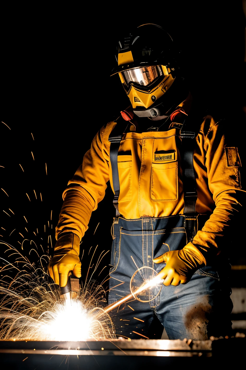 Un hombre soldando metal. Wear complete protective equipment, including a welding mask and thick gloves. La escena es en un taller industrial con chispas volando del punto de soldadura. El fondo muestra herramientas y maquinaria pesada. The lighting is intense and highlights the sparks and shine of the molten metal.