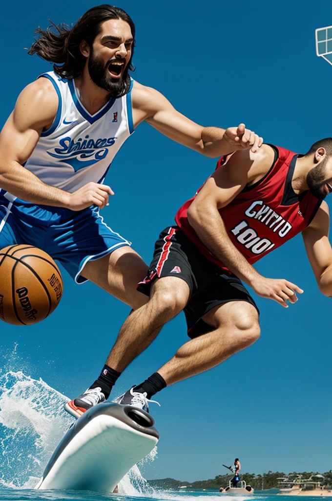 Create Jesus riding a shark playing basketball against a team of disabled people 