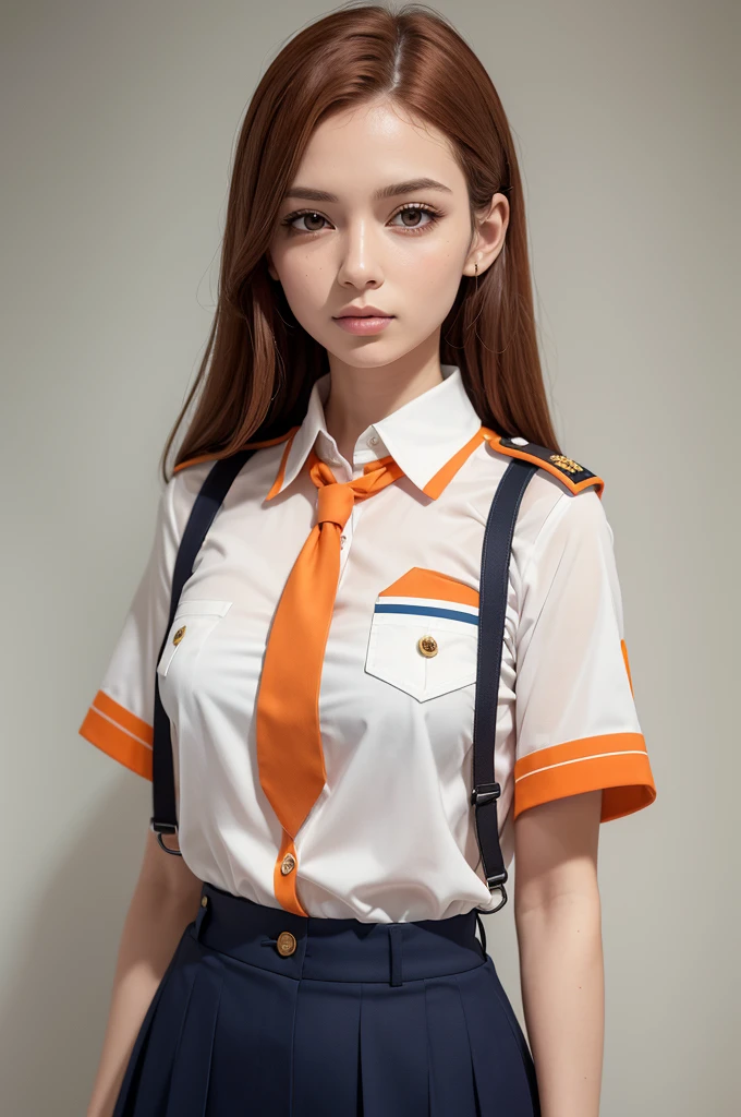 Mulher ruiva vestindo um uniforme escolar, consisting of an orange and beige short-sleeved shirt with buttons and collar, combinada com uma saia plissada da mesma cor. A camisa possui um bolso no peito com um distintivo ou emblema bordado. The collar is white and an orange tie is neatly tucked under it.. The uniform appears to be well pressed and the overall look is neat and formal. The background is simple, probably a studio setting. 

