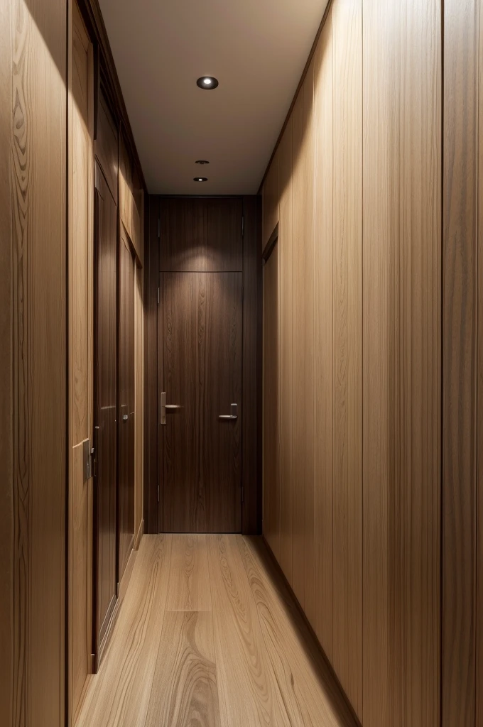 Uma fotografia de alta qualidade mostrando um ambiente elegante e moderno com pisos e revestimentos de madeira. Deve parecer um projeto finalizado.O ambiente deve ser um interior de casa. .Lighting should be natural or look natural, com luz suave e sombras realistas.Piso de madeira com acabamento liso e polido, displaying a natural wood grain pattern.Wood cladding on a wall or architectural details, such as wall panels or moldings.A madeira deve ser de alta qualidade, com uma cor quente e natural, ranging from light to medium tones.A imagem deve ser capturada de uma perspectiva que mostre claramente o piso e o revestimento de madeira.The composition must be well balanced, com a linha do horizonte nivelada e um ponto focal claro.Include close-up details of the floor and covering to show the texture and finish.High resolution and sharp photography.Estilo realista, com cores vibrantes e contrastes bem definidos
