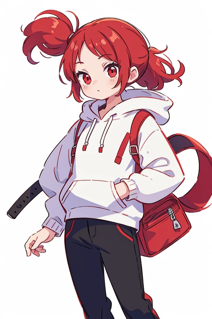1 person, Adult, Red Hair, ponytail, red eyes, white hoodie, black pants, white background