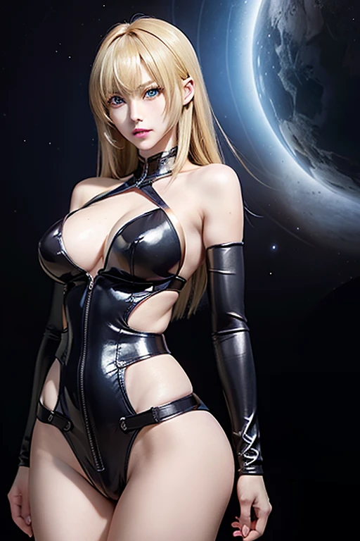 Anime realistic complex perfect beauty detailed face, Detailed sharp galaxy glowing eyes, (((From face to waist:1. 2))), (((Slim beauty)))high quality, 最high quality , 1080p, 16k、The ultimate beauty、Long blonde hair、bangs、Straight Hair、Handsome、Detailed blue eyes、Bewitching style、Perfect body, Big Breasts、Large Breasts、Small waist、Thigh、Bold Pose、
M-shaped legs、Pubic hair