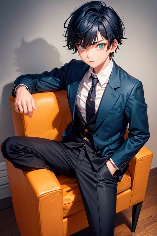 girl disguises as a boy, has short orange hair, green eyes, wears uniform school a blue blazer gakuran buttoned up to the top, black high tops and plained pants, realistic 