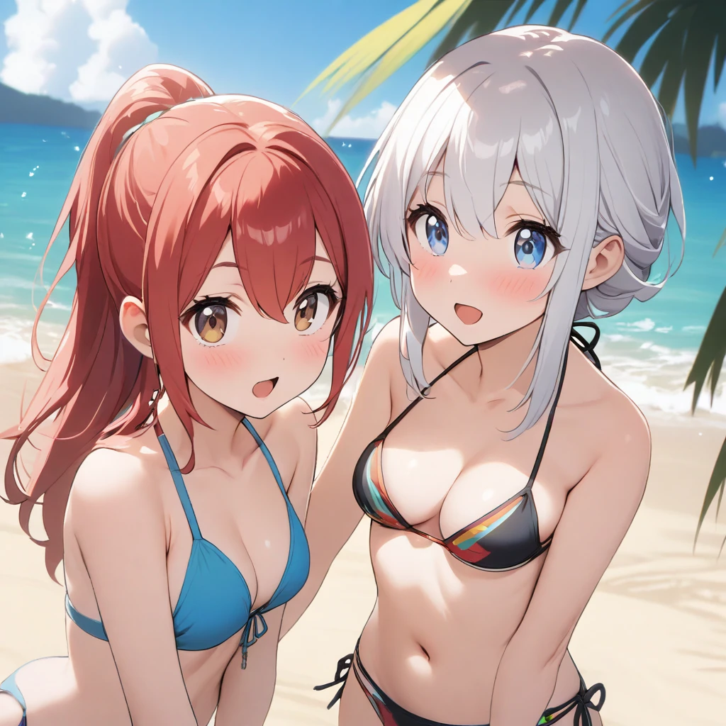 White hair, bikini girl at beach, brown eyes and a red hair , bikini girl , blue eyes