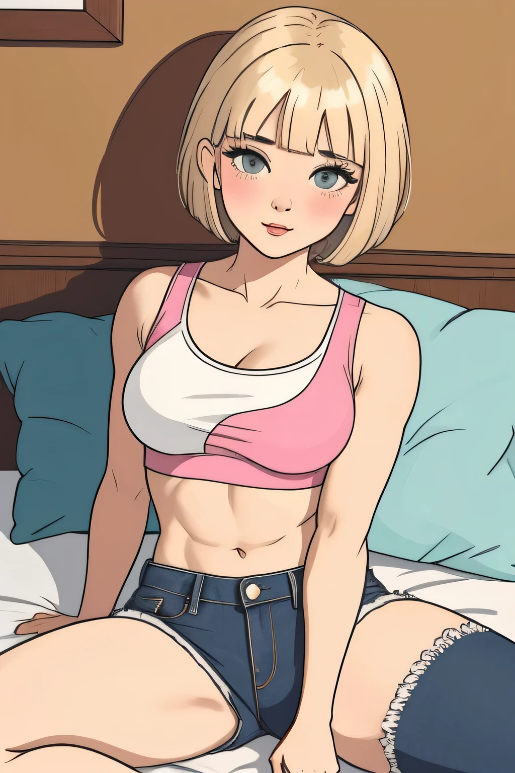 Amazing portrait of a sexy woman with short blonde hair with a bob haircut and a beautiful face with half lidded eyes perfect eyebrows slightly slanted as she's flustered with a deep blush on her cheeks with a long neck and medium chest that is emphasized by a tight pink crop top that showcases her amazing body and midriff with abs and a short denim shorts emphasizing her thick thighs and voluptuous body as she lays on the bed intimately spreading her legs in anticipation