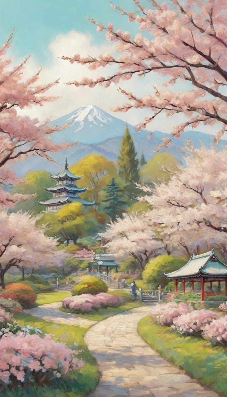 1.2941 aspect ratio, ultra-high resolution cherry blossom garden, coloring book style, pastel colors