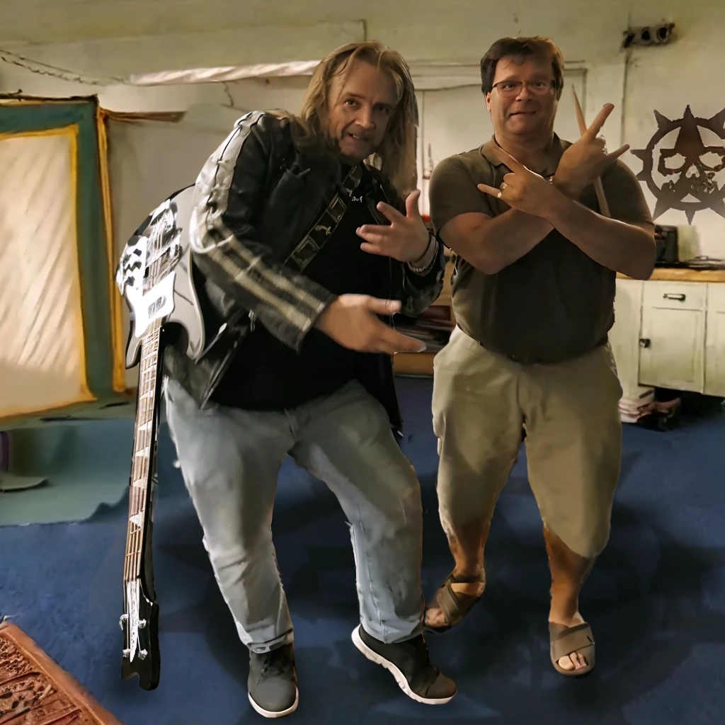 they are posing for a picture in a room with a guitar, gustave dore and greg rutkowski, greg rutkowski and wayne barlowe, alex horley and jimmy nelson!, holding electric guitars, mars ravelo and greg rutkowski, greg rutkowski and j.dickenson, greg rutkowski and rob ross, greg rutkowski and edgar maxence