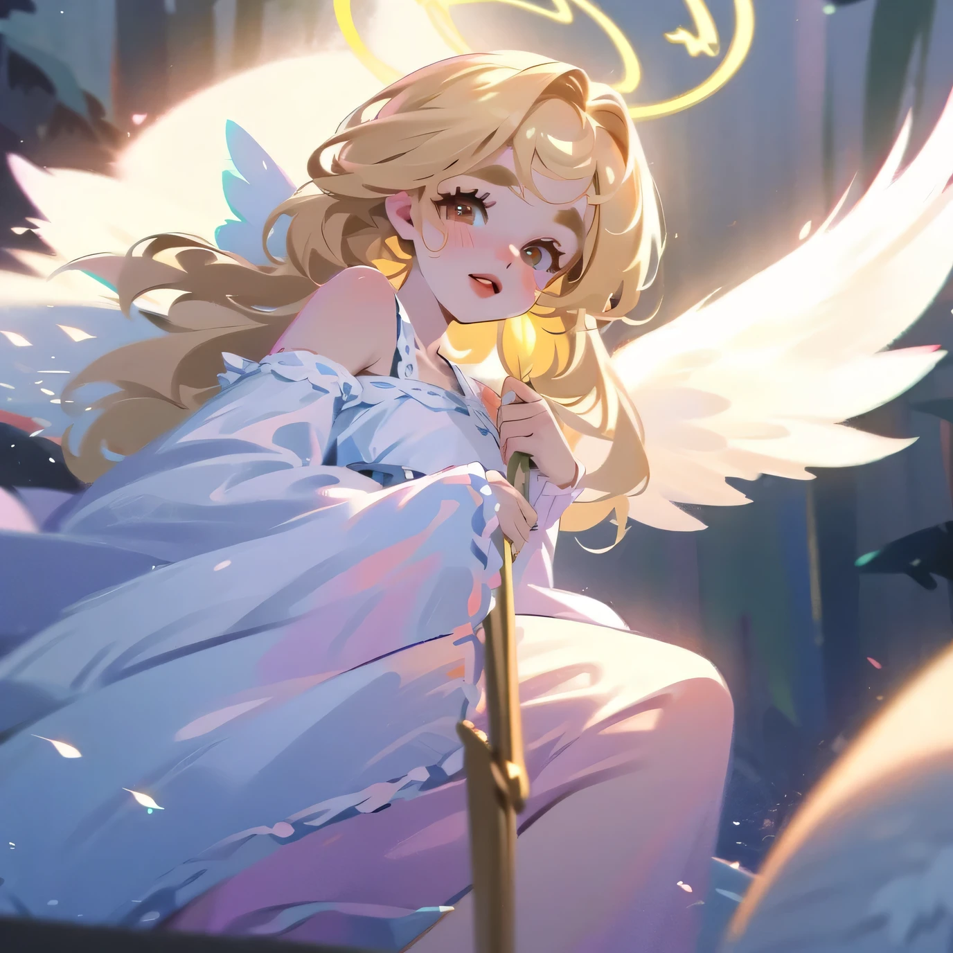 (High quality) (best quality) (A woman) (correct physiognomy) (best quality, 4k, 8K, high resolution, masterpiece: 1.2) woman, Extremely beautiful, Around 20 years old, long blonde hair with bangs on the back front, four small angel wings emerge from her head, two on the left side and two on the right side, two angel wings coming out of her back, a golden halo behind her head, golden eyes, sensitive lips, middle age, white dress with straps on the shoulders, skirt cut diagonally leaving one leg exposed, soft facial features, fine eyebrows, soft skin, slightly rosy cheeks, pink lips, silky eyelashes, dreamy expression, photo location the woman must be in a pond with water and fish in the middle of the forest, photo illuminated by sunlight, full body proportion, showing in the photo the body from head to torso