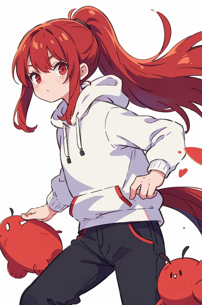 1 person, Adult, Red Hair, ponytail, red eyes, white hoodie, black pants, white background