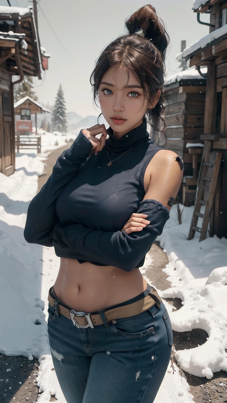 (once:1.2), muscular woman, (ponytail, hair tubes:1.2), bare chest, naked girl, naked girl, naked tits , naked girl, naked girl, tits, Without clothing, naked , Brown hair, Blue eyes , winter background, (Tan skin, dark skin, dark-skinned woman:1.5), (realistic:1.2), (masterpiece:1.2), (full body shot:1.2),(cowboy shot:1.2), neon lighting, dark romantic lighting, (very detailed:1.2),(detailed face:1.2), (gradients), Colorful, Detailed eyes, (detailed landscape:1.2), (daylight:1.2),(detailed background), detailed landscape, (cute pose:1.2), One, close-up,