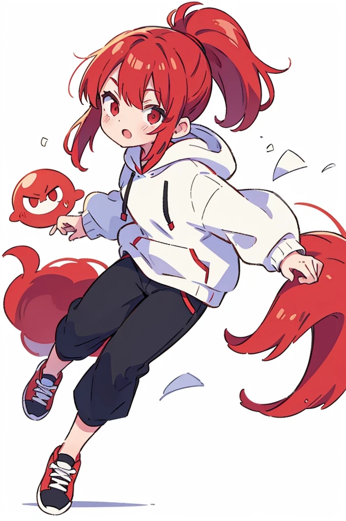 1 person, Adult, Red Hair, ponytail, red eyes, white hoodie, black pants, white background