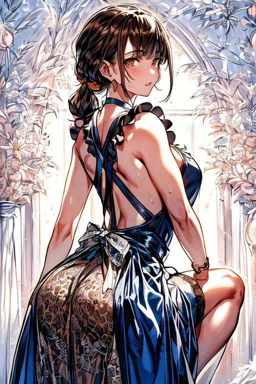 (from below:1.2),(from side:0.9), ((Face)), (Close-Up:0.4), (A masterpiece of image quality in 8K),(Beautiful Allafed Woman),(((emphasizing breasts:1.3))),(Dynamic angles),(Dynamic and sexy bending pose:1.3),(sit a chair:1.3),(Short hair in shiny silver and orange inner colors,large full breasts,Disturbance of clothing due to movement,breast slip,(Ponytail twisted buns adorned with elaborate braids and beads,Braided Setup Fishbone Hair:1.2),(see-through bangs),small breasts,(((A brown lace apron that shows your bare skin from under your small breasts.......)))、Blush with embarrassment、Enraptured eyes、 open mouth,A smile that beguiles the viewer、(Look back:1.7)、Look into the photographer,skin glistening with sweat,gazing at viewer,,(Professional Lighting),(masutepiece,top-quality,Ultra-high resolution output image,),(Ultra HD with complex detail image modes),depth of fields,Beautiful hands,Beautiful fingers,Detailed finger features,(Detailed hair features:1.7),detailed facial features,detailed clothes features,