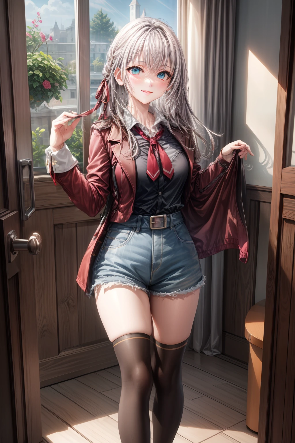 Alisa Kujou,
(day:1.7), in a room with curtains on the windows,adentro, 1 girl standing at attention, ,hembra joven,hermoso Finger, hermoso long legs ,hermoso body ,hermoso Nose ,hermoso character design, ojos perfectos, perfect rostro,
There is an anime girl in shorts walking through an open door., 1 chica, muslos, solo, (falda muy corta:1.4), blue eyes, senos, chaqueta, camisa school, medias largas , falda , white camisa, arco, mano en la cadera, rubor, black muslos, arcotie, adentro, calzado marron, zettai ryouiki, mocasines, zapatos, large senos, cuerpo completo, mirando al espectador, boca abierta, thighs,
mirando al espectador, sonrisa, saludando al espectador, en el centro de la imagen, Fondo de pantalla CG unity 8k extremadamente detallado, Perfect lighting,vistoso, Brillante_frente_rostro_Lightinasterpiece:1.0),(mejor_calidad:1.0), ultra high resolution,4k,ultra detallado,
Photography, 8k, hdr, high resolution, absurdos:1.2, codas portra 400, film grain, fondo borroso, bokeh:1.2, Destello de lente, (vibrante_color:1.2)
, (hermoso_rostro:1.5),(angosto_cintura), (hermoso,Enorme_senos:1.3)