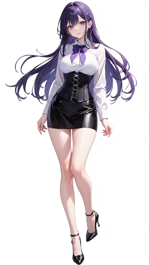 Purple Hair,Long Hair,Adult female,White Y-shirt,((Roll up her sleeves)),(corset),(Black tight skirt),(High heels),((A simple, blank white background)),smile,((full body)),((whole body)),