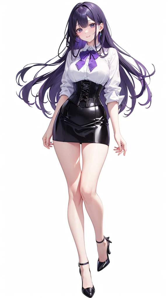 Purple Hair,Long Hair,Adult female,White Y-shirt,((Roll up her sleeves)),(corset),(Black tight skirt),(High heels),((A simple, blank white background)),smile,((full body)),((whole body)),