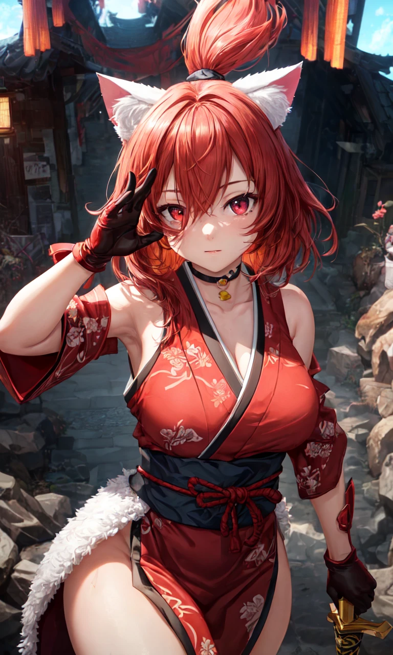 Masterpiece, Best Quality, Super Detailed, High Definition, Expensive Resolution, HDR, 4k, 8K, Unity 8k Wallpaper, Super Detailed CG, Masterpiece, Beautiful Details, Depth, Fine Texture, Super Fine: 1.3, Fully focused, crispy, skin, Very cute anime girl, ((red right eyes)) , looking at camera, ornament, heart, choker, sfw, covered medium breasts, red hair with cat ears, wearing a Japanese red shiny ninja like outfit, white fur, wearing gloves , carrying a sword, fullbody, fighting pose