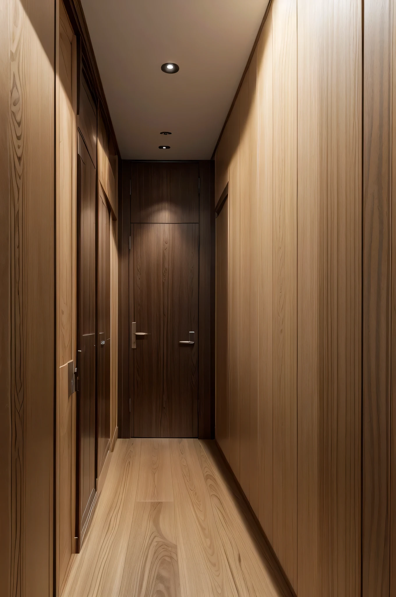 Uma fotografia de alta qualidade mostrando um ambiente elegante e moderno com pisos e revestimentos de madeira. Deve parecer um projeto finalizado.O ambiente deve ser um interior de casa. .Lighting should be natural or look natural, com luz suave e sombras realistas.Piso de madeira com acabamento liso e polido, displaying a natural wood grain pattern.Wood cladding on a wall or architectural details, such as wall panels or moldings.A madeira deve ser de alta qualidade, com uma cor quente e natural, ranging from light to medium tones.A imagem deve ser capturada de uma perspectiva que mostre claramente o piso e o revestimento de madeira.The composition must be well balanced, com a linha do horizonte nivelada e um ponto focal claro.Include close-up details of the floor and covering to show the texture and finish.High resolution and sharp photography.Estilo realista, com cores vibrantes e contrastes bem definidos