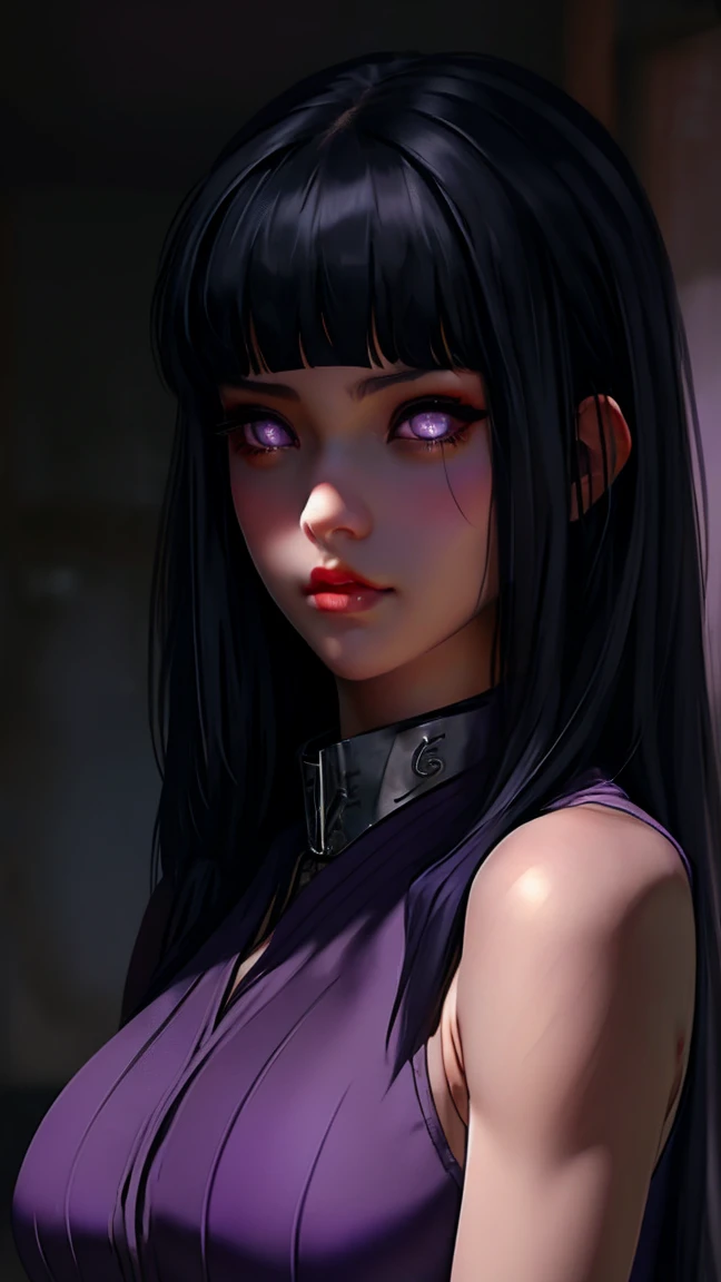 Hinata Hyuga, the last, shy girl, long black hair, blunt bangs, dark hair, Voluminous hair, lavender eyes, no pupils, Lavender Sleeveless Blouse, big breasts, slim waist, masterpiece, best quality, Professional, realistic.