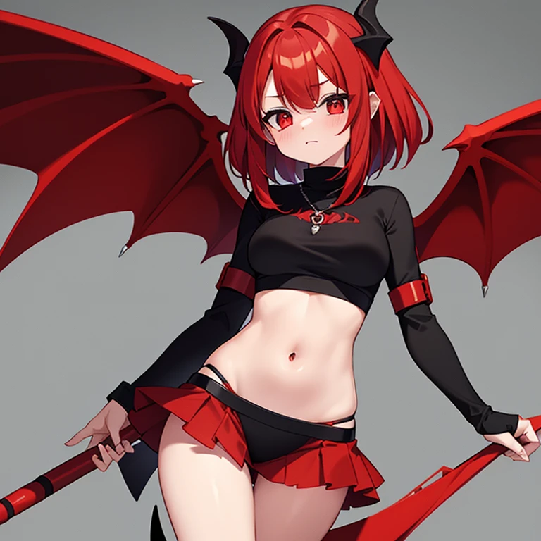 Red hair, 16 years old, 1 girl, red and black dragon wings, red and black tail, dragon esc skirt, fantasy crop top