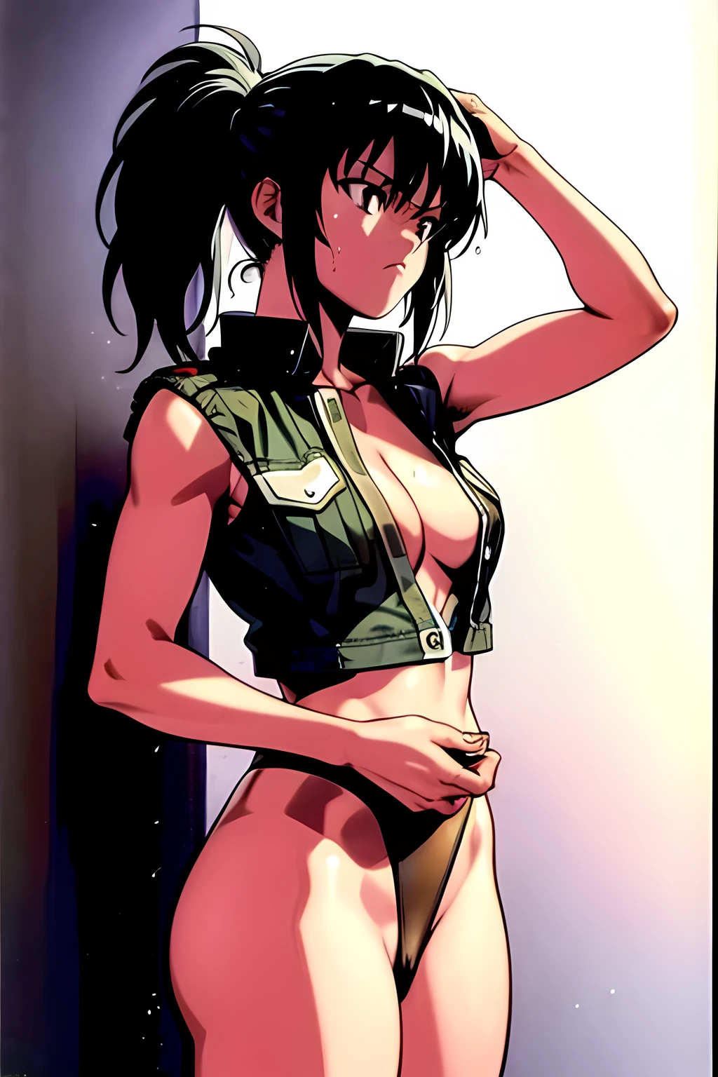 masterpiece, best quality, anime 1990s \(style\, leona heidern, naked, fully open vest, thong, desert, army, cammo. pony tail, wet, serious, soldier.