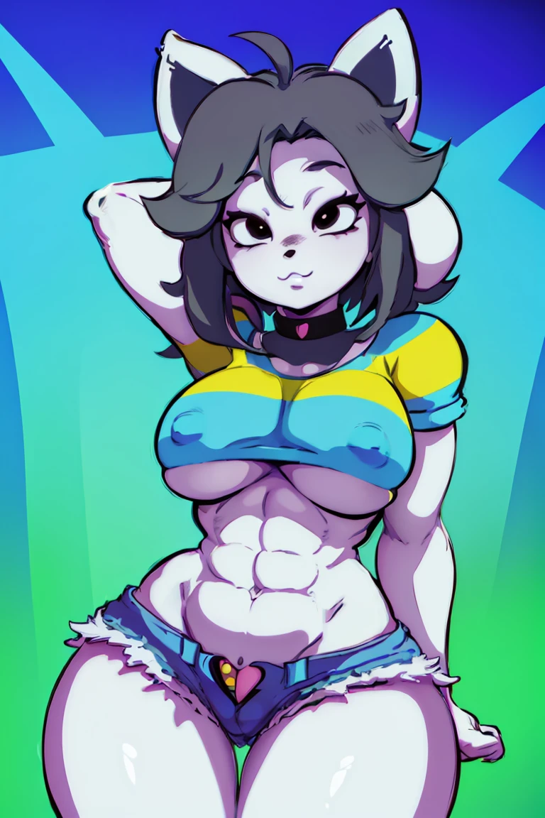 cute temmie face, temmie character, stripped shirt, colorful, cartoon style, palid skin, blank color skin, Jean shorts, black dot eyes, detailed facial features, big eyes, playful expression, bright colors, whimsical, vibrant, dynamic pose, detailed texture, digital painting, 4k, highres, masterpiece, ultra-detailed, realistic
