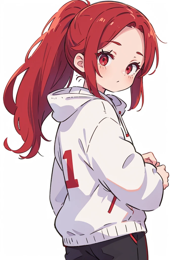 1 person, alone, Adult, Red Hair, ponytail, red eyes, white hoodie, black pants, white background