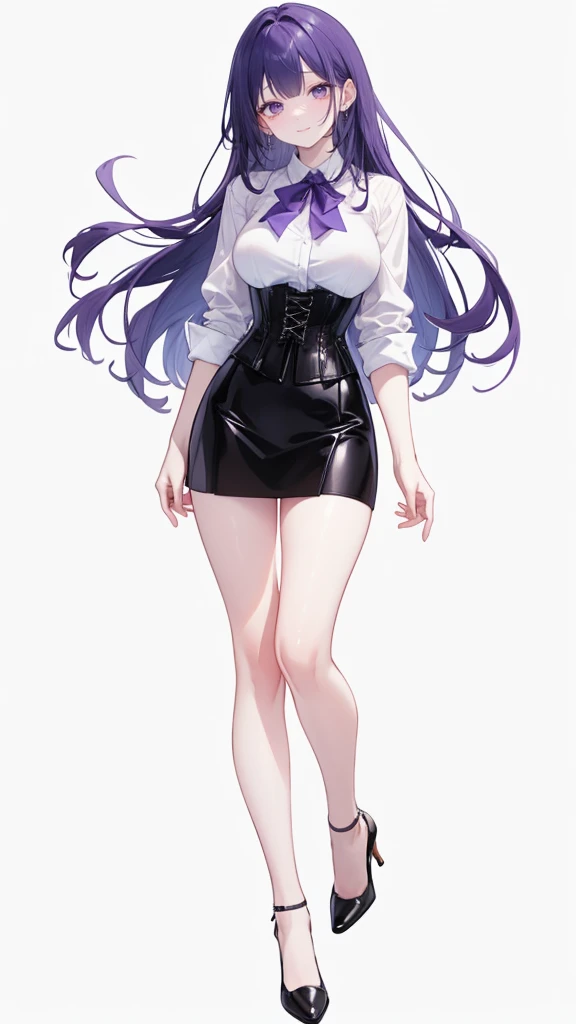 Purple Hair,Long Hair,Adult female,White Y-shirt,((Roll up her sleeves)),(corset),(Black tight skirt),(High heels),((A simple, blank white background)),smile,((full body)),((whole body)),