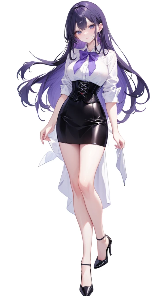 Purple Hair,Long Hair,Adult female,White Y-shirt,((Roll up her sleeves)),(corset),(Black tight skirt),(High heels),((A simple, blank white background)),smile,((full body)),((whole body)),