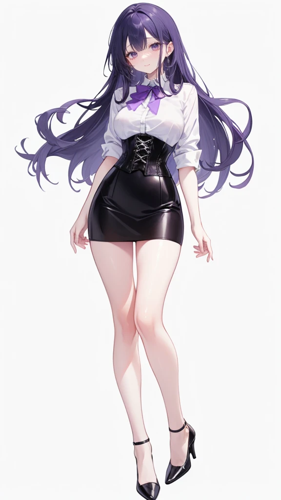 Purple Hair,Long Hair,Adult female,White Y-shirt,((Roll up her sleeves)),(corset),(Black tight skirt),(High heels),((A simple, blank white background)),smile,((full body)),((whole body)),